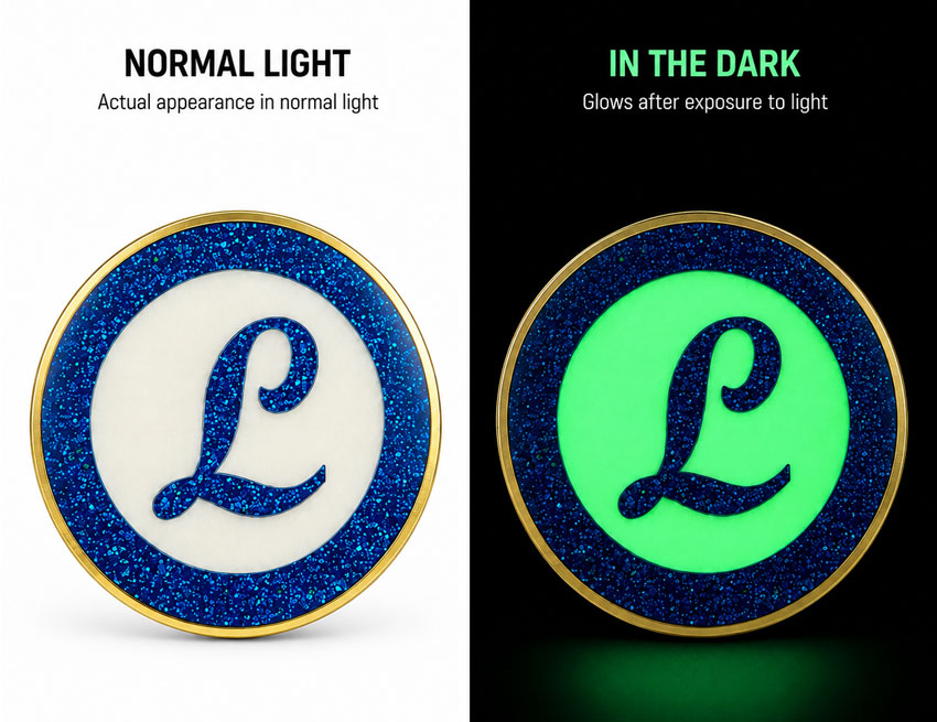 Luminous Logo Enamel Pin Normal and Dark View Round blue glitter logo pin shown in normal light and with a luminous green center in darkness.