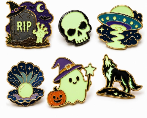 Collection of six luminous enamel pins featuring Halloween, UFO, pearl, ghost, and wolf designs.