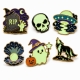 Collection of six luminous enamel pins featuring Halloween, UFO, pearl, ghost, and wolf designs.