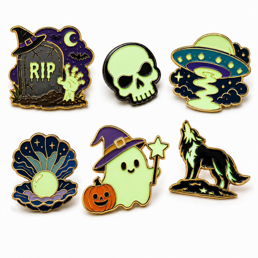 Custom Glow-in-the-Dark Enamel Pin Collection Collection of six luminous enamel pins featuring Halloween, UFO, pearl, ghost, and wolf designs.