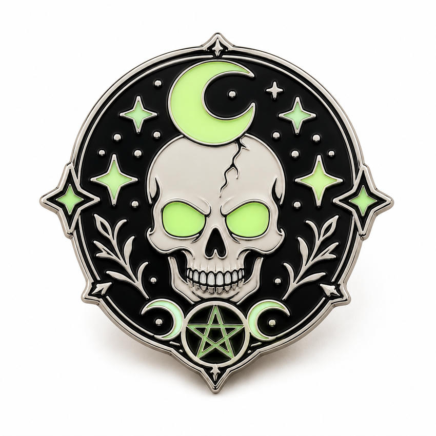 Luminous Skull and Moon Custom Enamel Pin Black and silver enamel pin with skull, crescent moon, stars, and luminous green eye details.