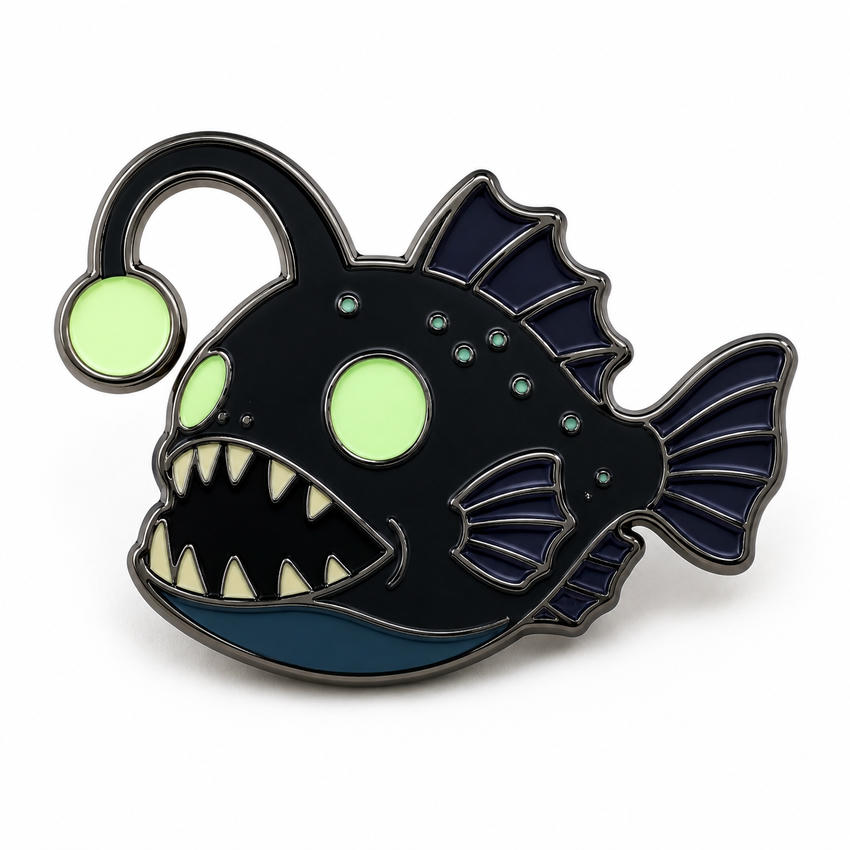 Glow-in-the-Dark Anglerfish Enamel Lapel Pin Black anglerfish enamel pin with luminous green lure and eyes, dark fins, and raised metal details.