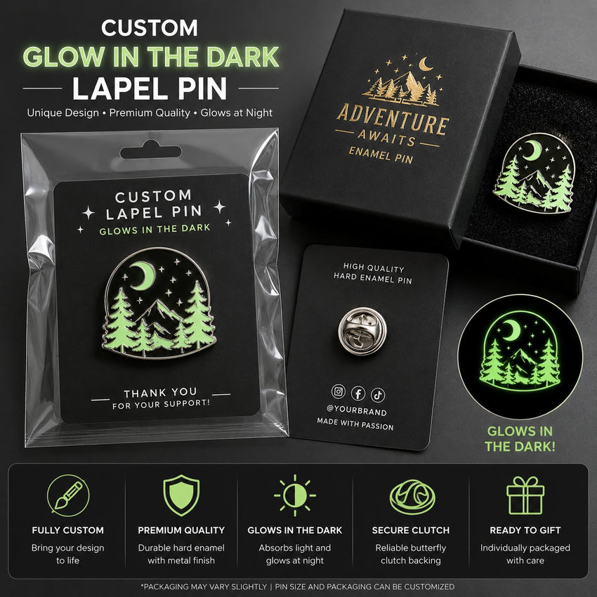 Custom Luminous Enamel Pin Packaging Options Luminous enamel pin shown with backing card, polybag, gift box, butterfly clutch, and dark-view glow effect.
