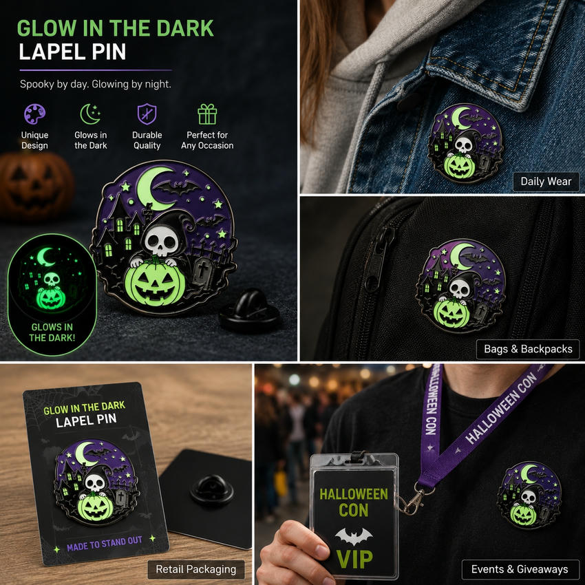 Custom Glow Lapel Pin Applications for Promotions Glow-in-the-dark enamel pin shown for daily wear, bags, retail packaging, events, and promotional giveaways.