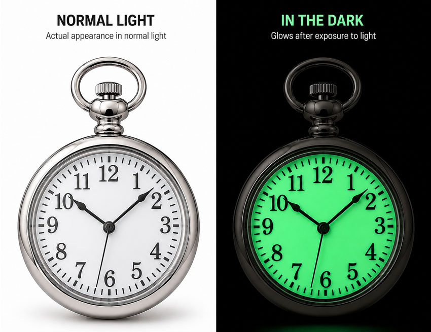 Glow-in-the-Dark Watch Pin Normal and Dark View Pocket-watch style metal pin shown in normal light and darkness with a bright green luminous dial.