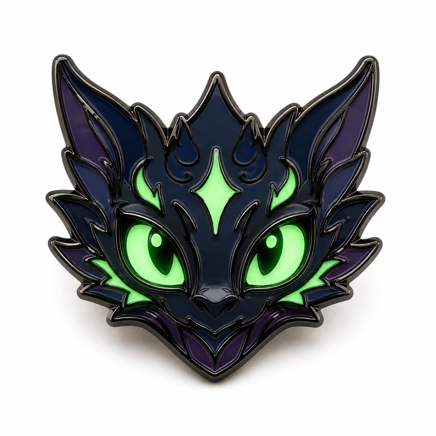 Luminous Fantasy Dragon Eyes Enamel Pin Dark fantasy dragon enamel pin with bright luminous green eyes and purple-black enamel details.