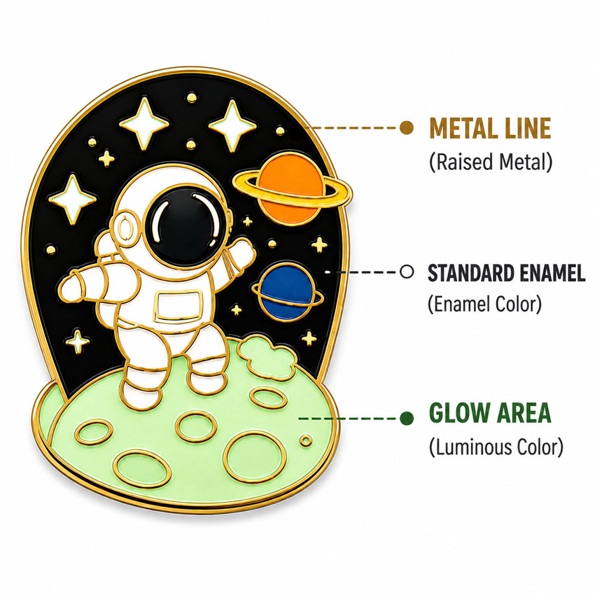 Glow-in-the-Dark Enamel Pin Design Structure Custom glow-in-the-dark enamel pin showing luminous areas, standard enamel, and raised metal lines.