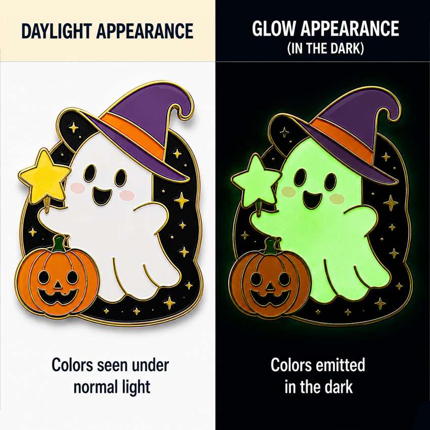 Glow-in-the-Dark Ghost Enamel Pin Comparison Ghost enamel pin shown in daylight and darkness with selected luminous areas glowing green.