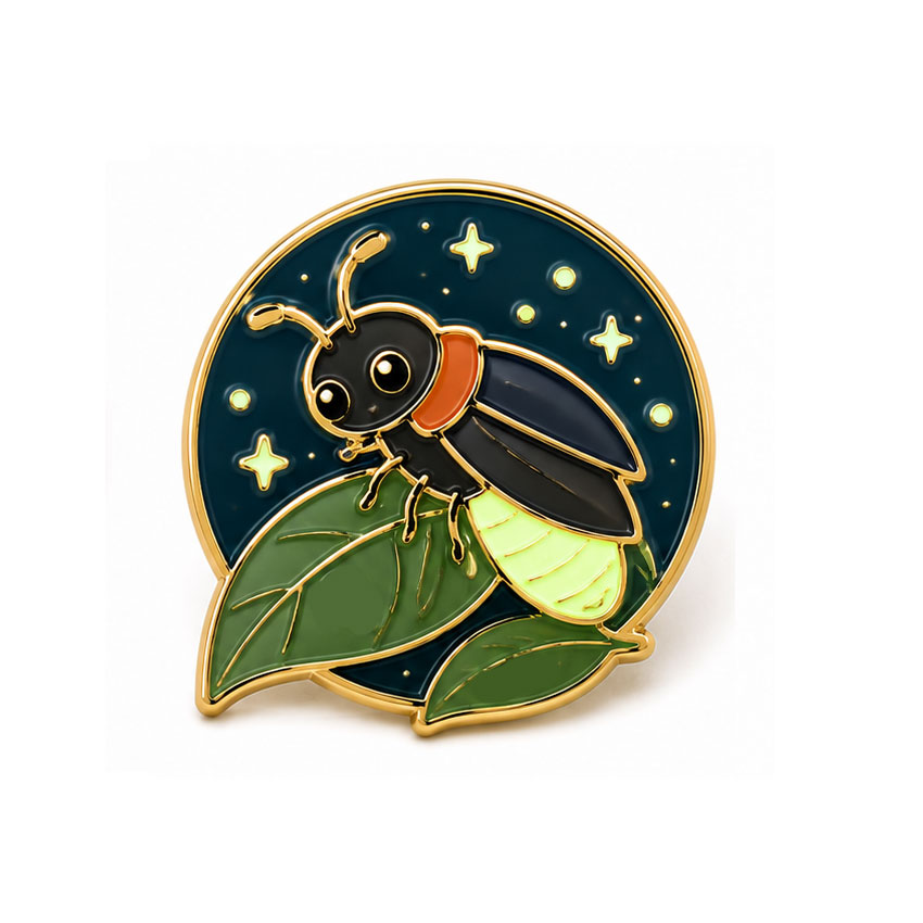 Custom Luminous Firefly Enamel Lapel Pin Gold-plated firefly enamel pin with luminous tail, dark blue background, and green leaves.
