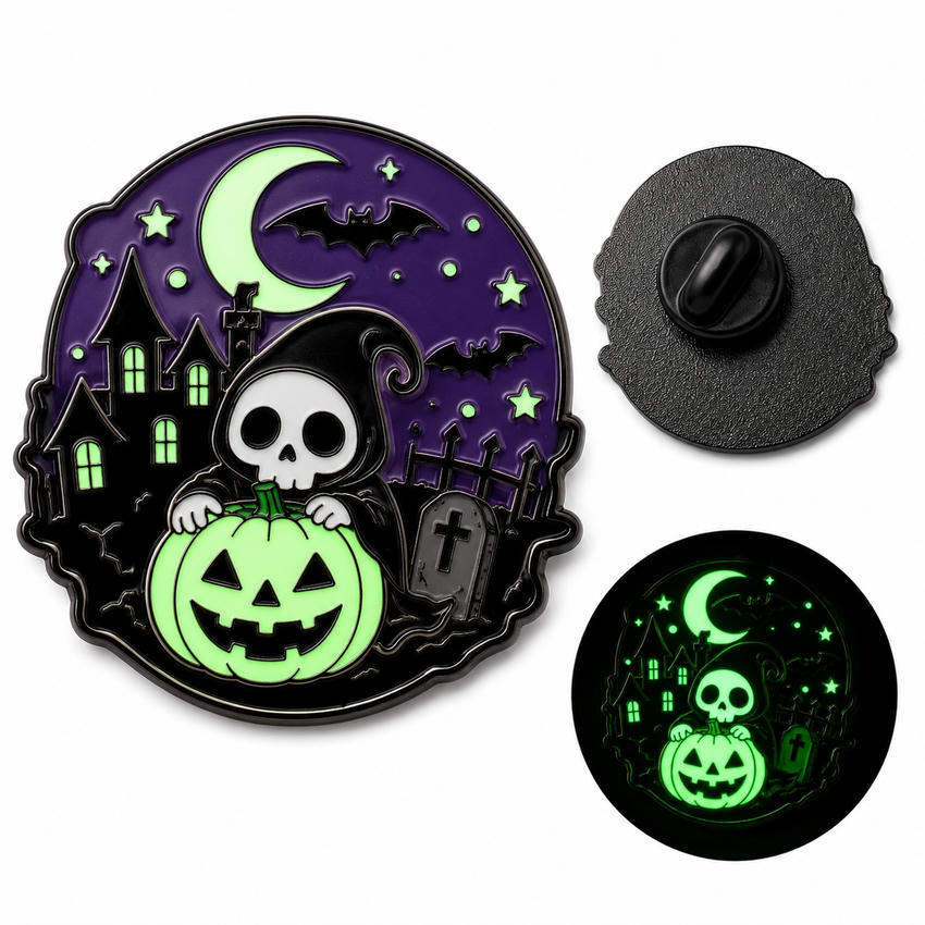 Halloween Glow-in-the-Dark Enamel Pin Sample Halloween enamel pin shown from front and back with a dark-view inset displaying luminous areas.