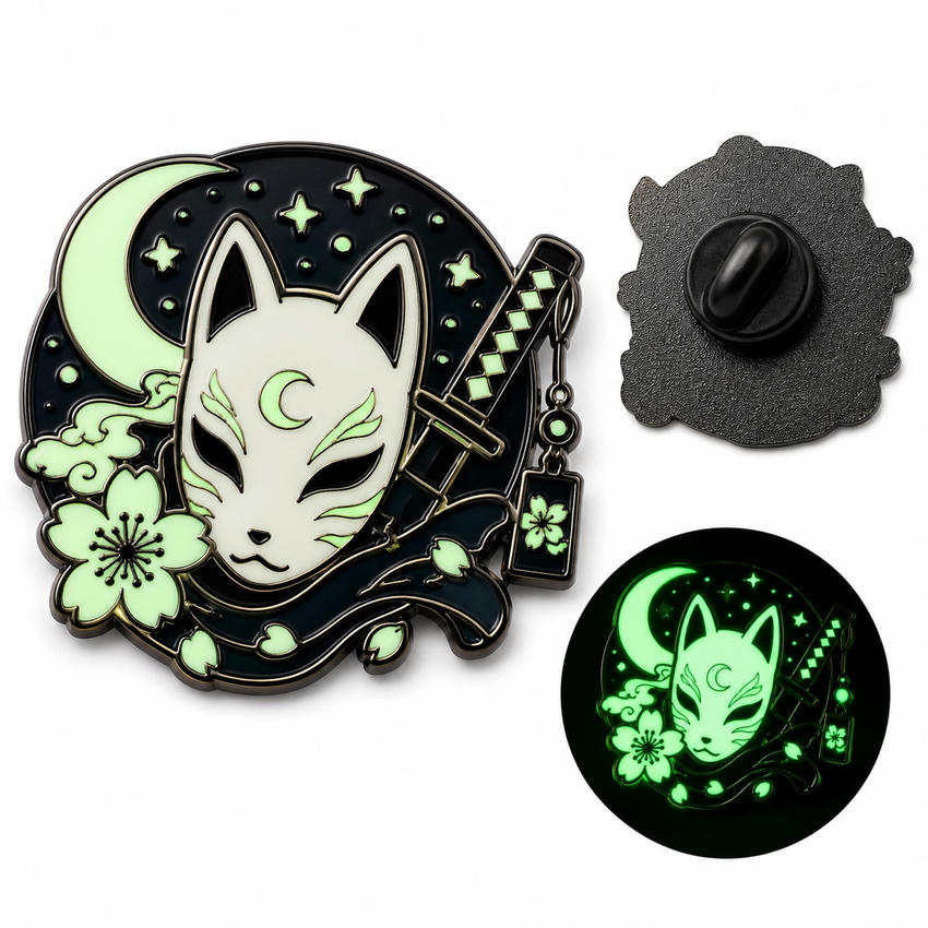 Luminous Kitsune Mask Custom Enamel Pin Japanese kitsune mask enamel pin with moon and blossoms, plus back view and glow-in-dark sample.