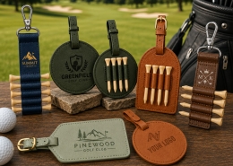 Assorted custom leather golf tee holders displayed beside a golf bag