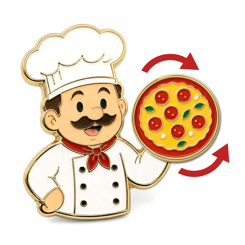 Chef and Pizza Spinning Enamel Pin Chef-themed spinning enamel pin featuring a pizza design and playful rotating food element