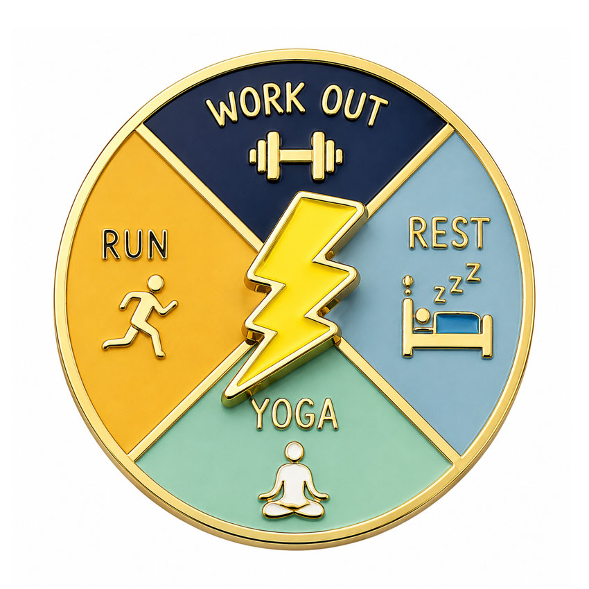 Workout Decision Wheel Spinner Pin Workout decision wheel pin featuring Run, Yoga, Rest and exercise choices with a rotating lightning pointer