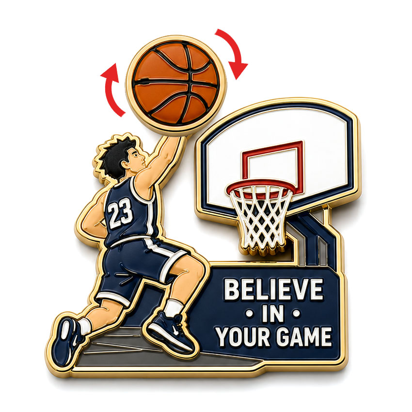 Basketball Player Rotating Lapel Pin Basketball player enamel pin with a rotating basketball element and motivational sports design