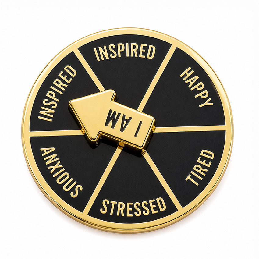Mood Decision Spinner Enamel Pin Mood decision spinner enamel pin with Inspired, Happy, Tired and Curious choices around a rotating center