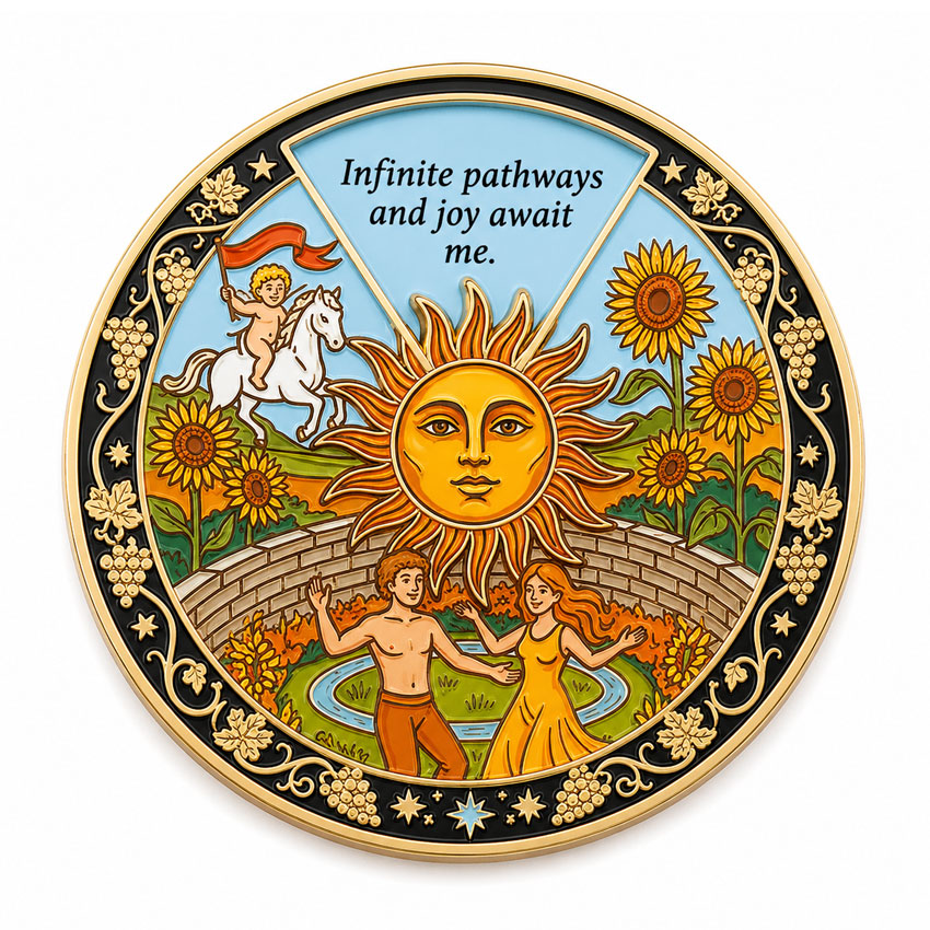 Celestial Sun Rotating Enamel Pin Celestial sun-themed rotating enamel pin with decorative illustrations and an artistic circular frame