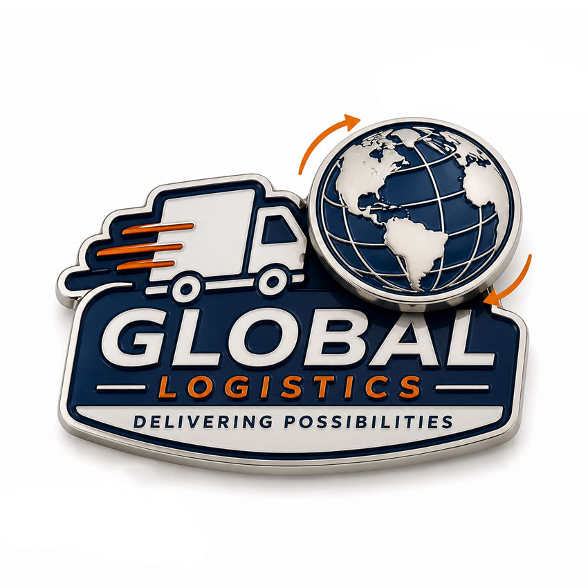 Logistics Custom Enamel Spinner Pin Custom logistics enamel pin featuring a delivery truck, globe and corporate-style branding design