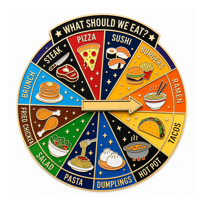 Food Decision Wheel Spinning Pin What Should We Eat custom food decision wheel pin with colorful meal choices and a rotating pointer