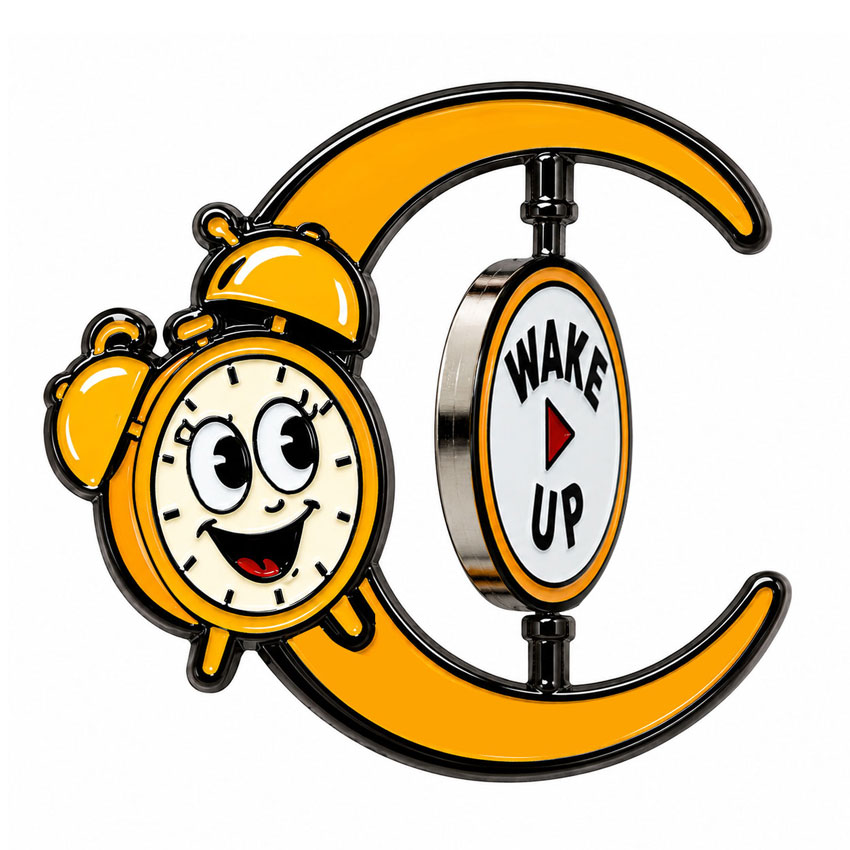 Sleep or Wake Up Flip Spinner Pin Sleep and wake-up themed flip spinner pin featuring a crescent moon and alarm clock design