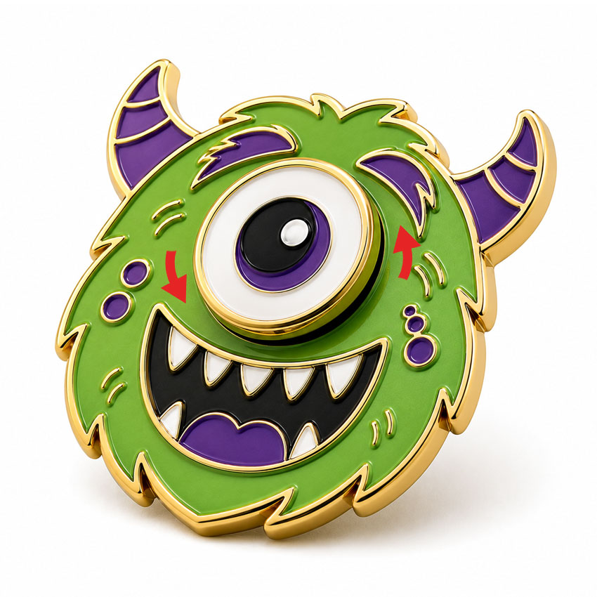 Monster Interactive Spinner Pin Fun monster spinner pin featuring a colorful one-eyed character with a movable eye design