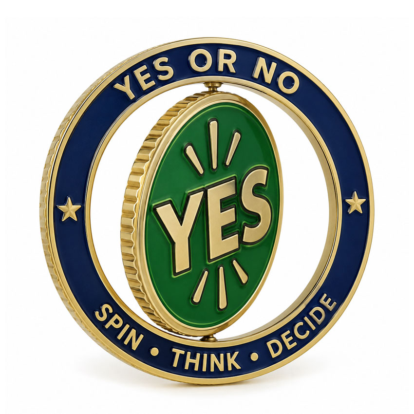 Yes or No Decision Spinner Pin Yes or No decision spinner lapel pin with bold green enamel lettering and a rotating selection design