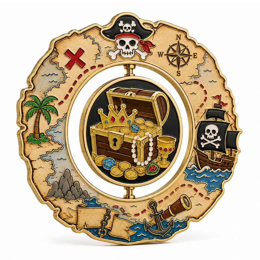 Treasure Hunt Rotating Enamel Pin Adventure-themed rotating enamel pin with treasure map, compass and treasure chest graphics