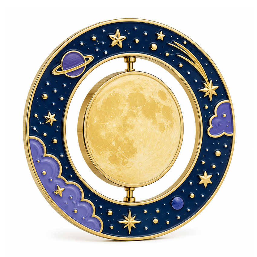 Moon and Stars Flip Spinner Enamel Pin Celestial flip spinner enamel pin featuring a moon, stars and deep blue night-sky frame