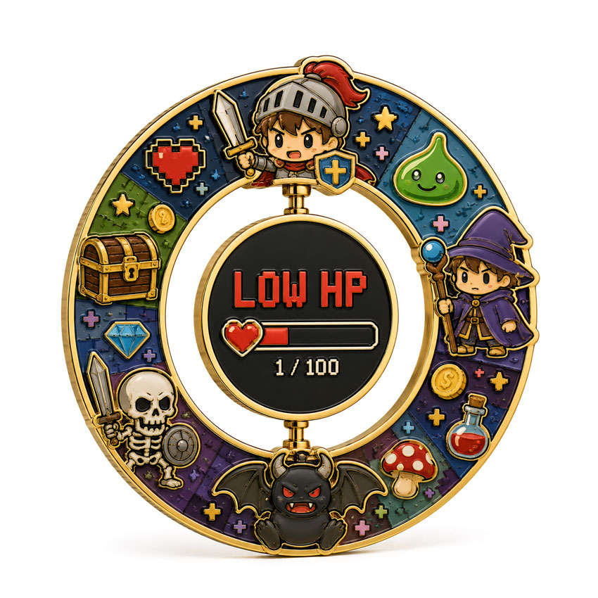 Low HP Gaming Spinner Lapel Pin Gaming-themed spinner lapel pin featuring a low HP meter, knight character and fantasy enamel details