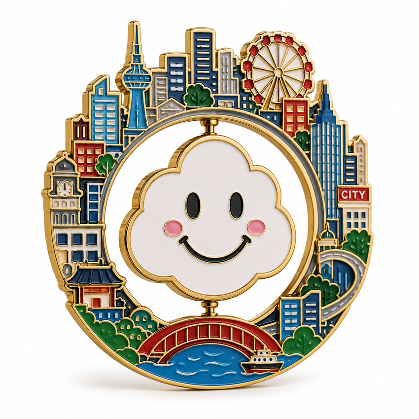 City Skyline Interactive Spinner Pin City-themed spinner lapel pin featuring colorful buildings and a smiling movable center element
