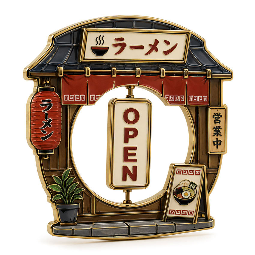 Ramen Shop Rotating Open Sign Pin Ramen shop interactive enamel pin featuring a Japanese-style storefront and rotating open sign