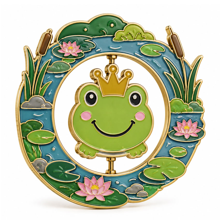 Frog Garden Rotating Enamel Pin Garden-themed rotating enamel pin featuring a cute frog surrounded by leaves and floral details