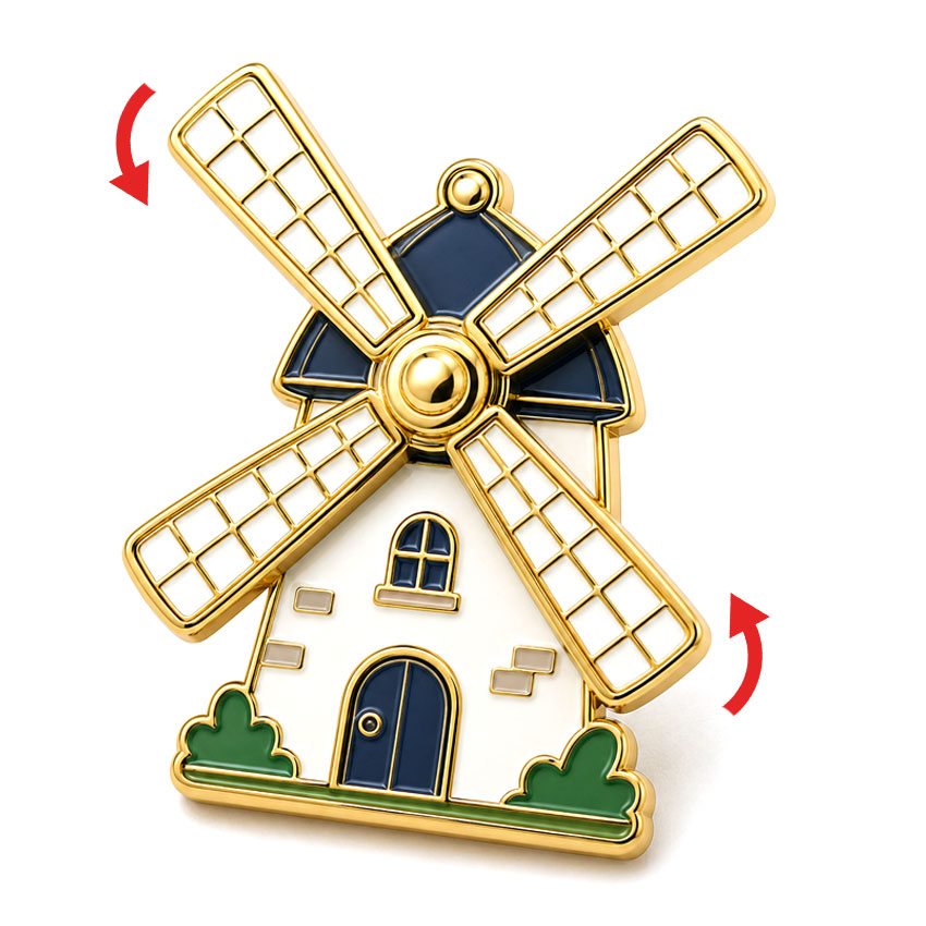 Windmill Spinning Enamel Pin Custom windmill enamel pin with functional rotating blades and polished gold metal outlines