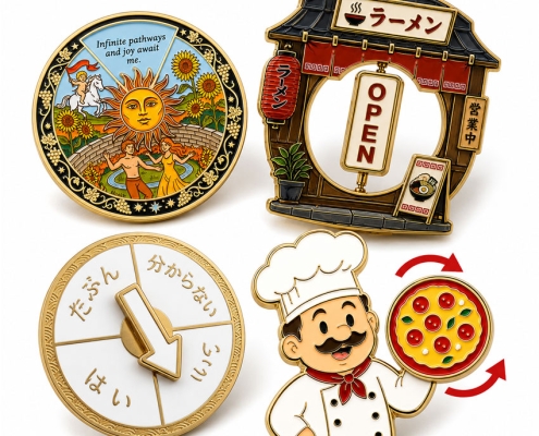 Custom interactive enamel pin featuring travel and shop-inspired graphics with movable components