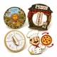 Custom interactive enamel pin featuring travel and shop-inspired graphics with movable components