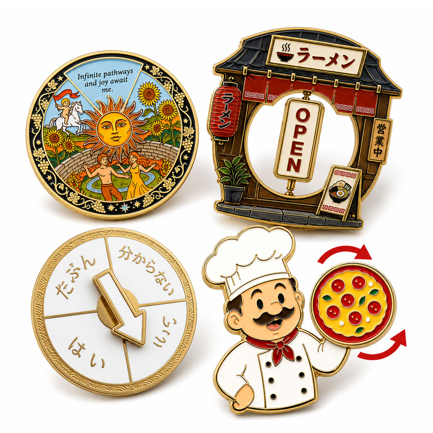 Custom Interactive Enamel Pin Design Custom interactive enamel pin featuring travel and shop-inspired graphics with movable components