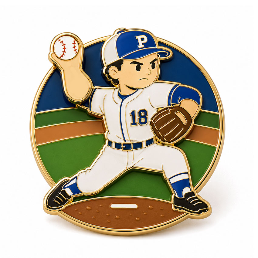 Baseball Player Moving Spinner Pin Baseball player spinning lapel pin featuring a movable throwing arm and custom sports enamel design