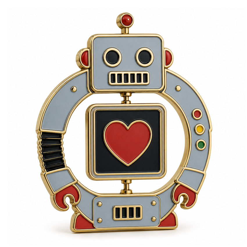 Robot Interactive Spinner Lapel Pin Custom robot spinner lapel pin with a movable heart element and polished metal details