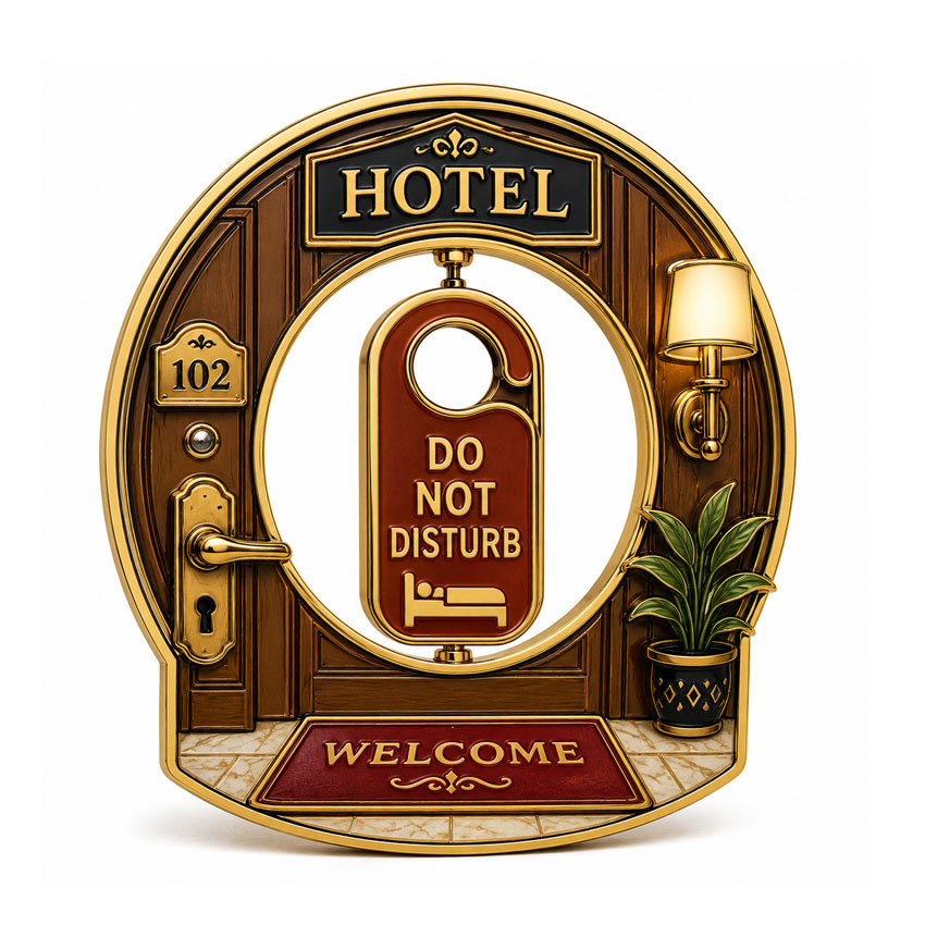 Hotel Do Not Disturb Rotating Enamel Pin Hotel-themed rotating enamel pin with a Do Not Disturb door sign and decorative gold metal frame