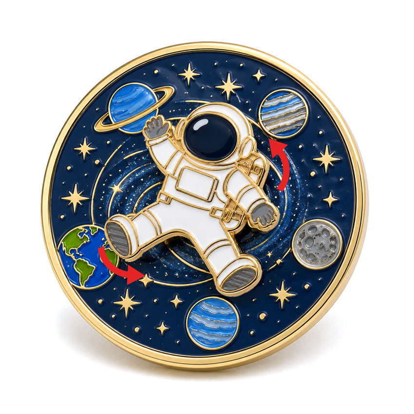 Astronaut Space Rotating Lapel Pin Space-themed rotating lapel pin featuring an astronaut, planets and a starry enamel background