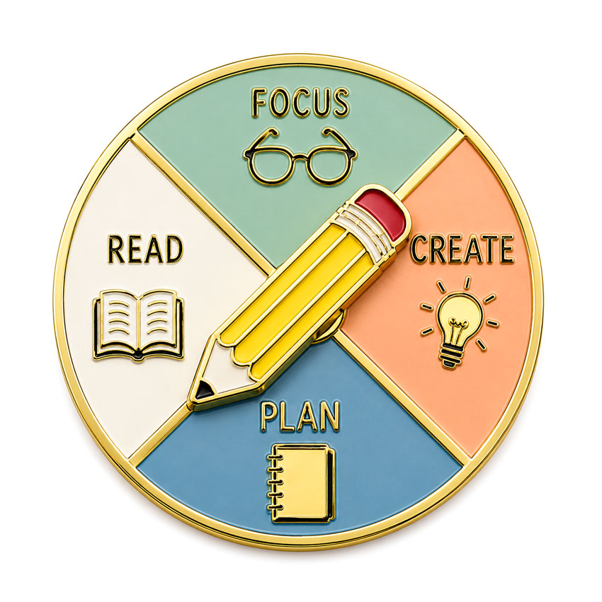 Productivity Decision Wheel Enamel Pin Interactive decision wheel enamel pin with Focus, Read, Create and Plan options and a rotating pencil pointer