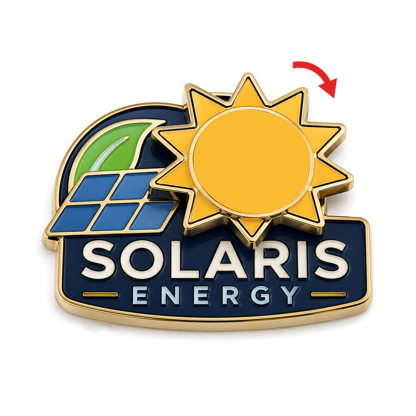 Solar Energy Custom Spinner Enamel Pin Corporate custom enamel pin with solar energy graphics and a rotating sun-inspired element