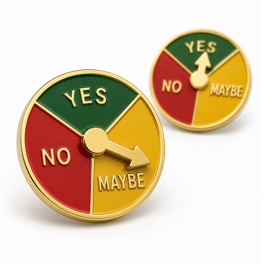 Yes No Maybe Rotating Decision Pin Yes, No and Maybe rotating decision enamel pin with three-color sections and gold metal trim