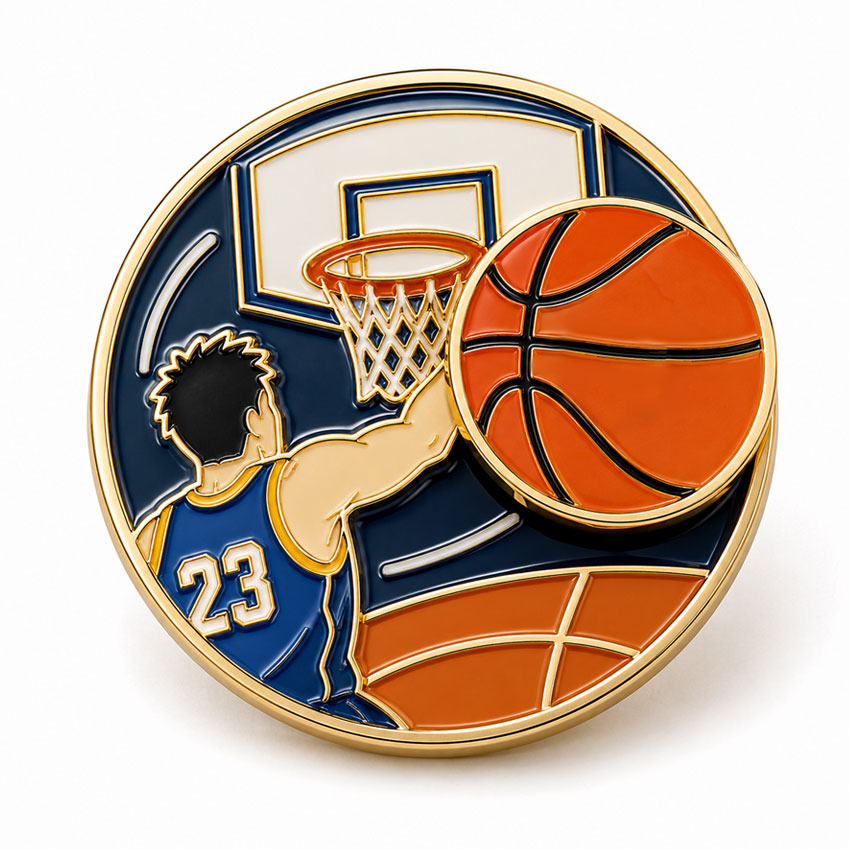 Basketball Custom Spinning Lapel Pin Basketball-themed spinning lapel pin with court graphics and a movable basketball element