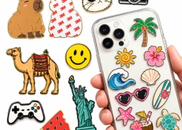 Assorted custom metal phone stickers with animals, flowers, travel and colorful designs
