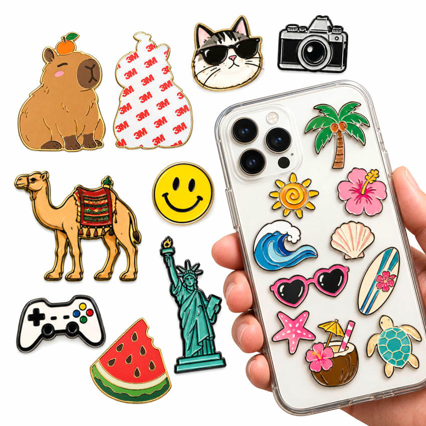 Custom Metal Phone Stickers for Brands and Retail Assorted custom metal phone stickers with animals, flowers, travel and colorful designs