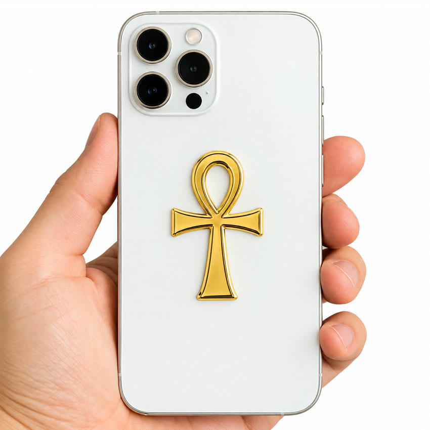 Custom Gold Metal Phone Sticker for Phone Case Gold Egyptian ankh metal phone sticker applied to a white smartphone case