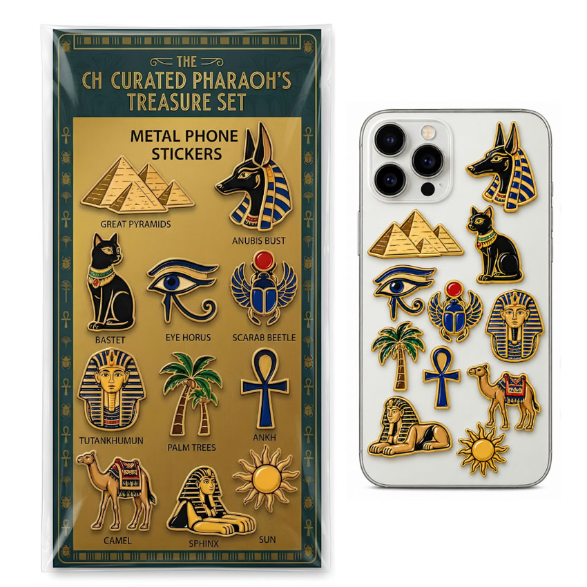 Manufacturer Custom Metal Phone Stickers with Retail Backing Card Egyptian themed metal phone sticker collection with retail backing card and phone display