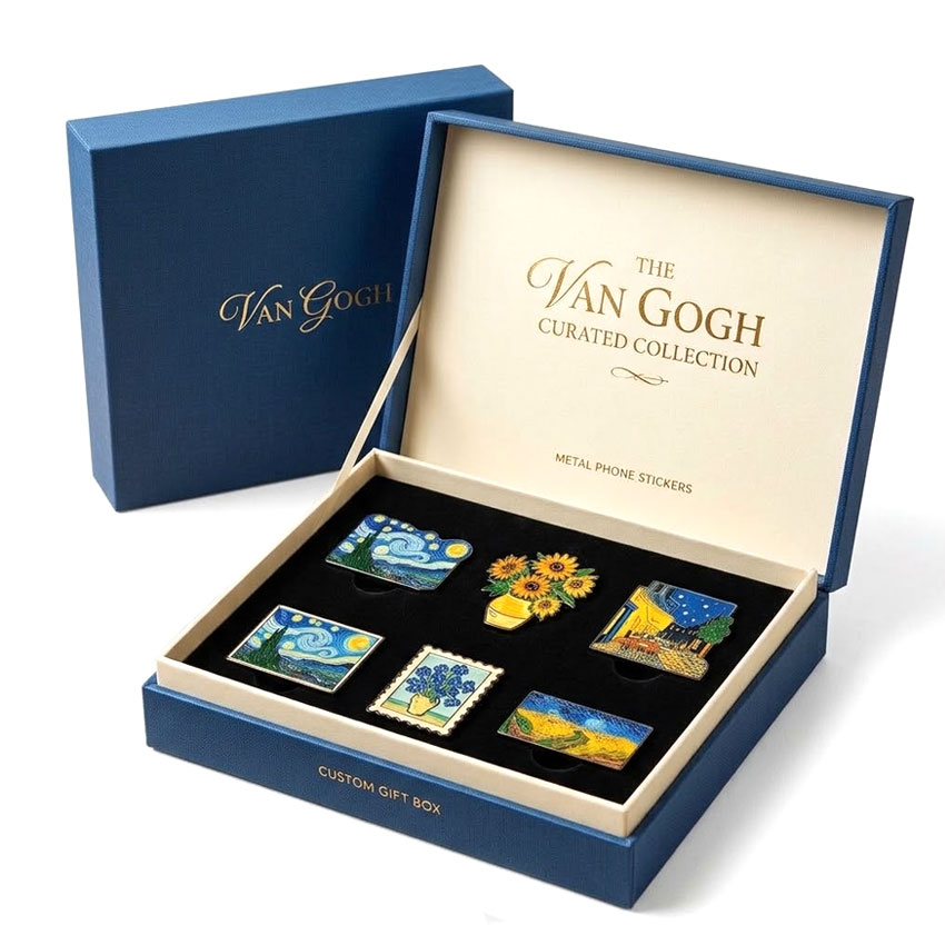 Custom Metal Phone Sticker Gift Box Packaging for Museum Custom metal phone stickers presented in blue retail gift boxes