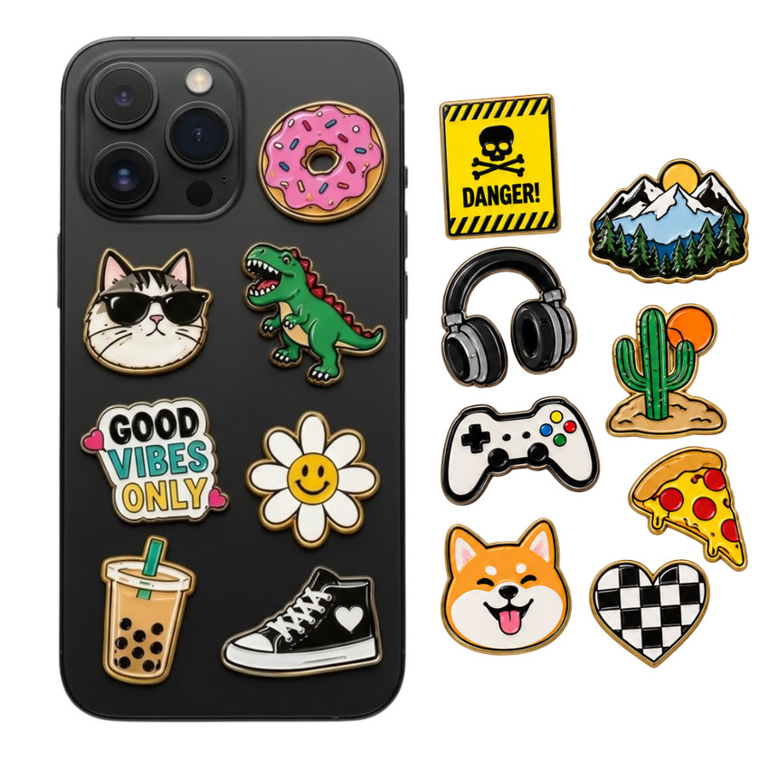 Custom Metal Phone Case Stickers for Branded Merchandise Custom metal phone stickers featuring gaming, music, food and outdoor designs